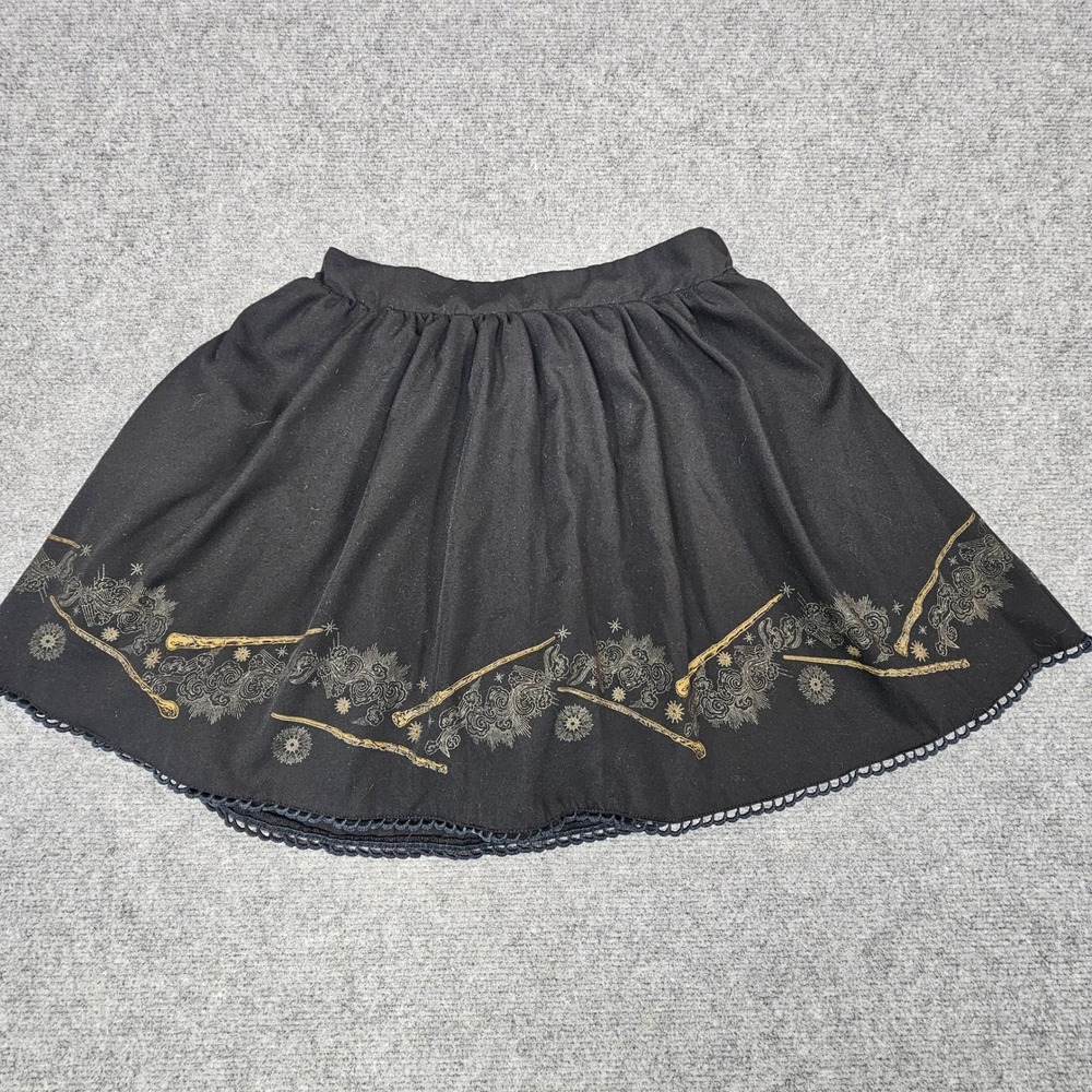 Harry Potter Skirt Women SM Black Gold Wand Celestial Print Crochet Trim Skater